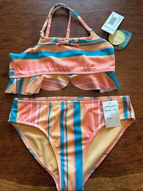 Striped Ruffle Bikini in Coral, Teal & Yellow